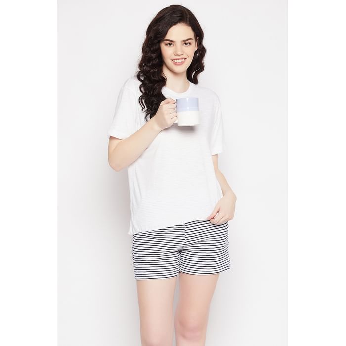 

Clovia Chic Basic Top in White & Sassy Stripes Boxer Shorts in White - 100% Cotton - LSC013P99, Assorted