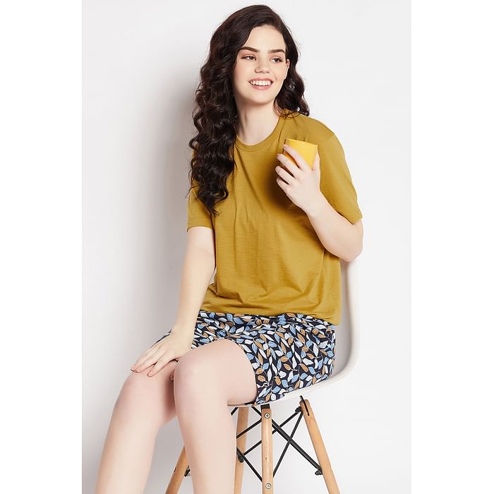 

Clovia Chic Basic Top in Mustard Yellow & Leaf Print Boxer Shorts in Navy - 100% Cotton - LSC020P99, Assorted