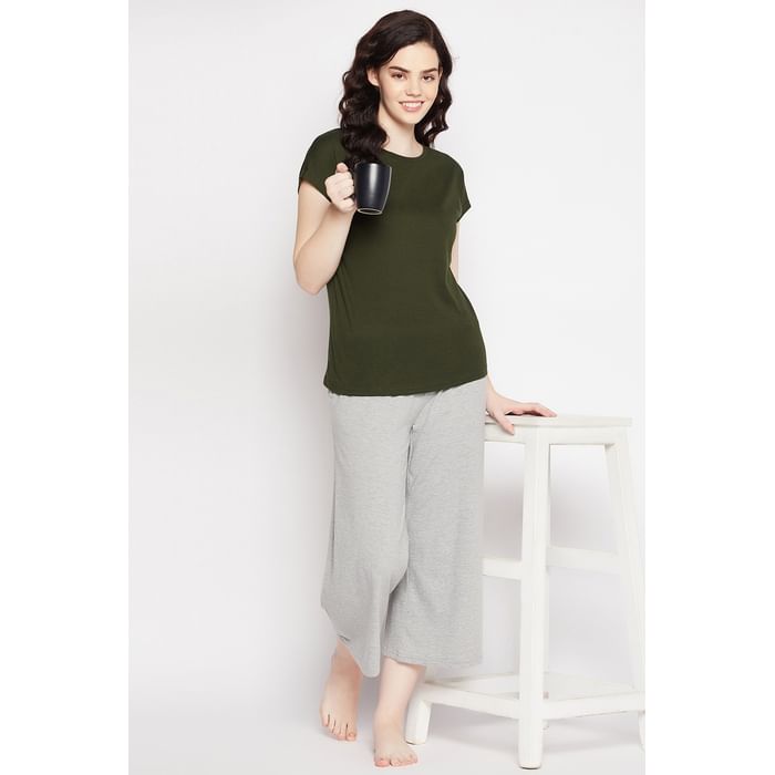 

Clovia Chic Basic Top in Olive Green & Flared Capri in Grey Melange - 100% Cotton - LSC022P99, Assorted