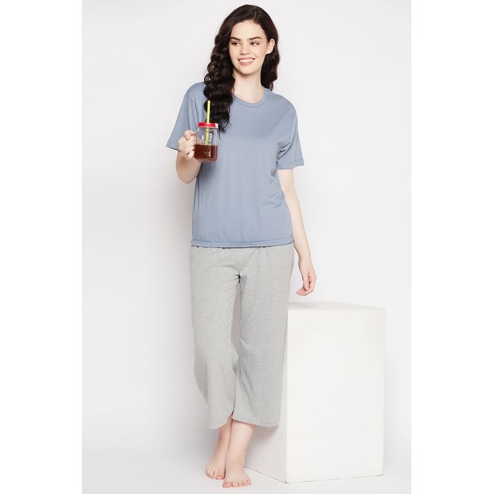

Clovia Chic Basic Top in Powder Blue & Flared Capri in Grey Melange - 100% Cotton - LSC023P99, Assorted