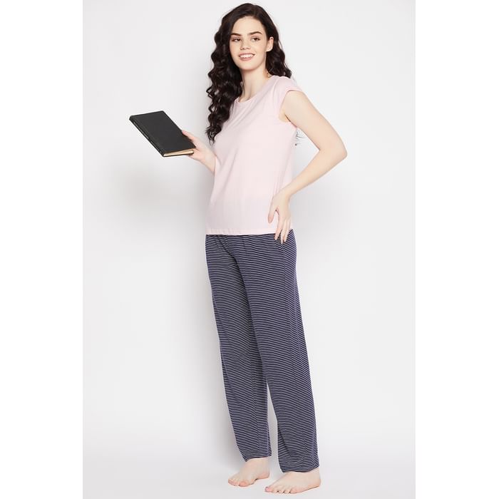 

Clovia Chic Basic Top in Baby Pink & Sassy Stripes Pyjama in Navy - 100% Cotton - LSC030P99, Assorted
