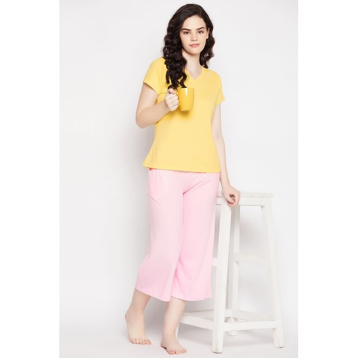 

Clovia Chic Basic Top in Yellow & Flared Capri in Baby Pink - 100% Cotton - LSC031P99, Assorted