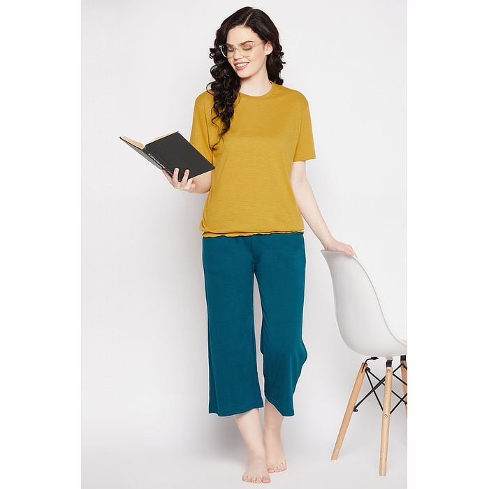

Clovia Chic Basic Top in Mustard Yellow & Flared Capri in Teal Blue - 100% Cotton - LSC033P99, Assorted
