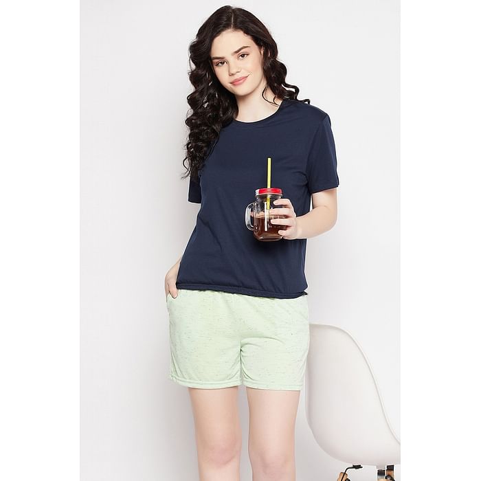 

Clovia Chic Basic Top in Navy & Boxer Shorts in Mint Green - Cotton - LSC037P99, Assorted
