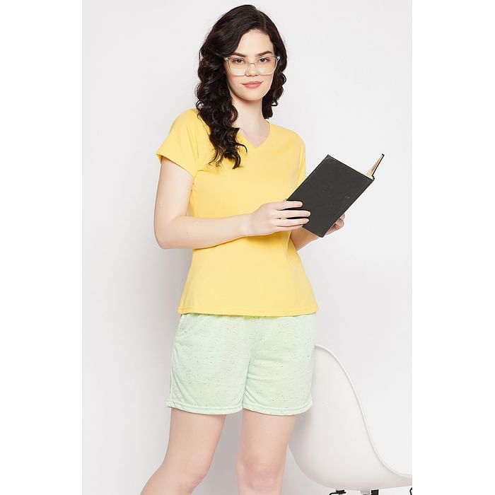 

Clovia Chic Basic Top in Yellow & Boxer Shorts in Mint Green - Cotton - LSC038P99, Assorted