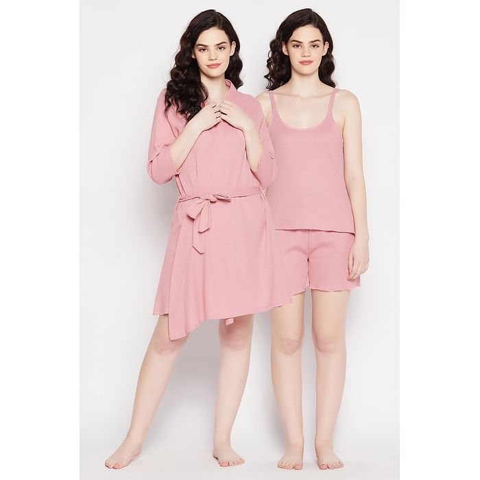 

Clovia Waffle Knit Top, Shorts & Robe Set in Baby Pink - 100% Cotton - LSC041P99, Assorted