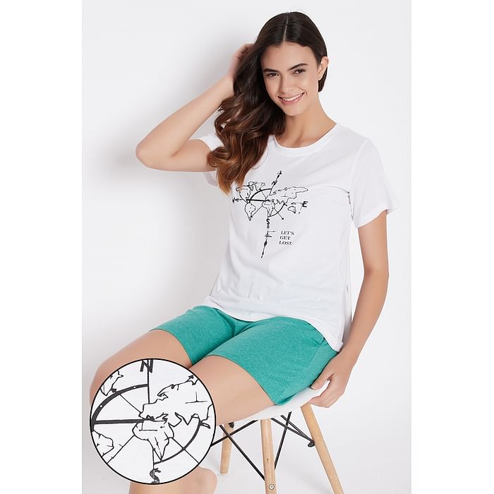 

Clovia White Printed T-shirt & Light Green Boxer Shorts Set - Cotton - LSC122P13, Black