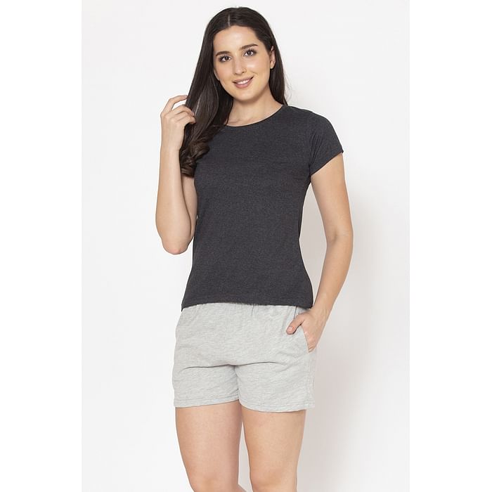 

Clovia Chic Basic Top & Boxer Shorts in Grey Melange - Cotton Rich - LSC123A05