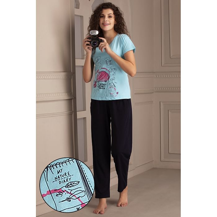 

Clovia Print Me Pretty Top & Pyjama Set in Blue- 100% Cotton - LSC124D03, Light blue