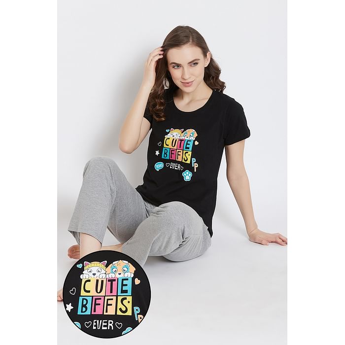 

Clovia Quirky Text Top & Pyjama in Black- 100% Cotton - LSC124D13