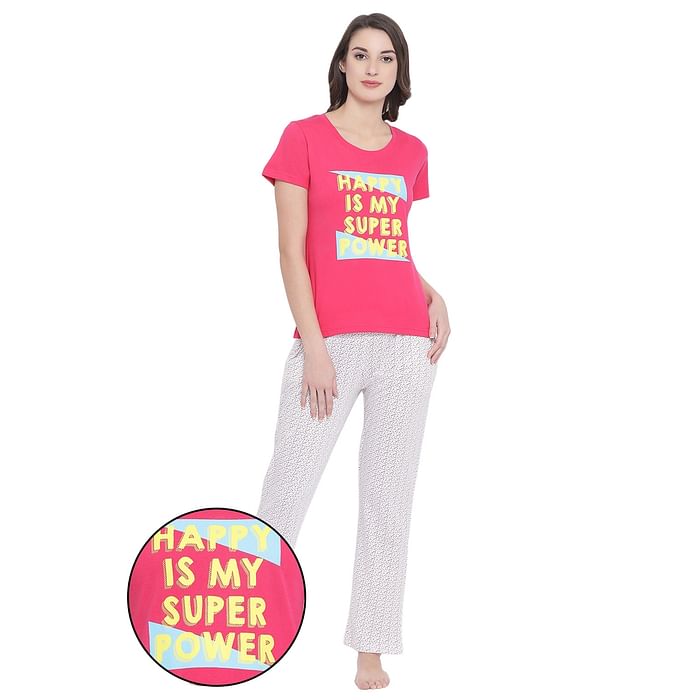 

Clovia Cotton Rich Printed Top & Pyjama Set - LSC124D14, Pink