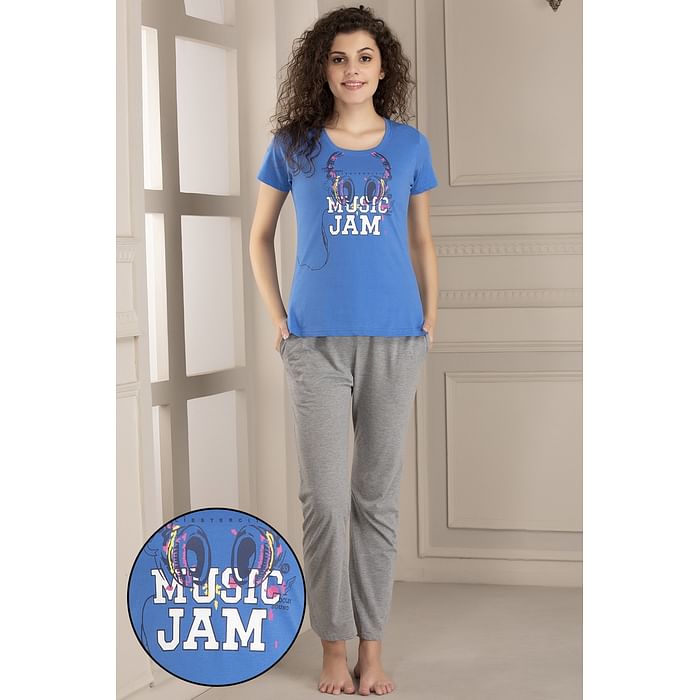 Clovia Music Magic Top & Pyjama Set in Blue & Grey- 100% Cotton – LSC124E08