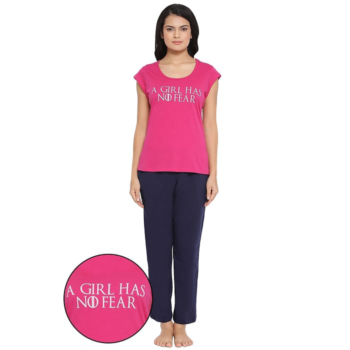 

Clovia Quirky Text Top & Pyjama Set in Pink & Blue- Cotton Rich - LSC124E14