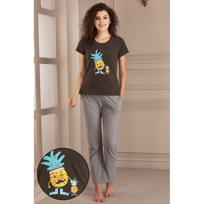 

Clovia Tooty Fruity Top & Pyjama Set in Green & Grey- Cotton - LSC124E17, Dark green