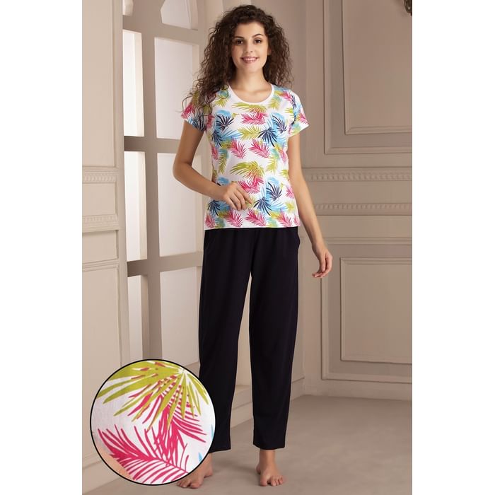 

Clovia Leaf Print Top & Pyjama Set in White & Navy Blue- Cotton - LSC124E18