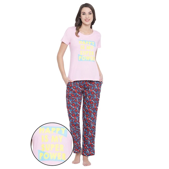 

Clovia Happy Is My Superpower Top & Pyjama Set - Cotton Rich - LSC124F22, Light pink