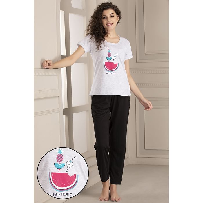 

Clovia Tooty Fruity Top & Pyjama Set in Grey & Black- 100% Cotton - LSC124H01, Light grey