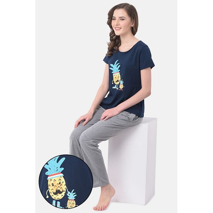 

Clovia Print Me Pretty Top & Pyjama in Navy & Grey- Cotton Rich - LSC124H08