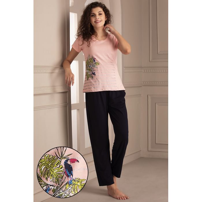 

Clovia Wild At Heart Top & Pyjama Set in Pink & Navy Blue- 100% Cotton - LSC124I22, Light pink
