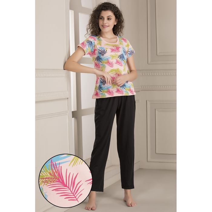 

Clovia Leaf Print Top & Pyjama Set in Pink & Black- 100% Cotton - LSC124J22, Light pink