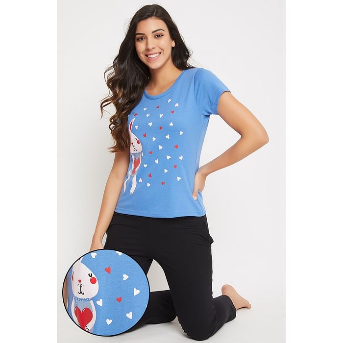 

Clovia Graphic Print Top & Solid Pyjama in Light Blue & Black - Cotton Rich - LSC124K08