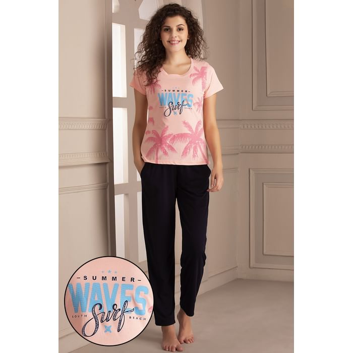 

Clovia Tropical Vibes Top & Pyjama in Pink & Navy Blue- Cotton - LSC124K22, Light pink