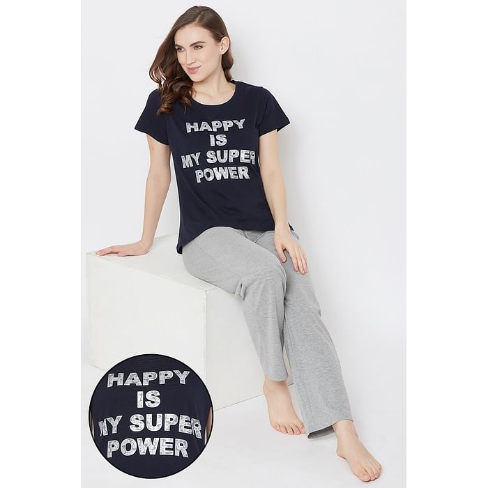 

Clovia Happy Is My Superpower Top & Pyjama in Dark Blue & Grey- 100% Cotton - LSC124L08, Navy