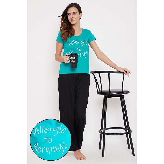 

Clovia Text Print Top in Turquoise & Chic Basic Wide Leg Pants in Black - Cotton Rich - LSC124M17, Dark green