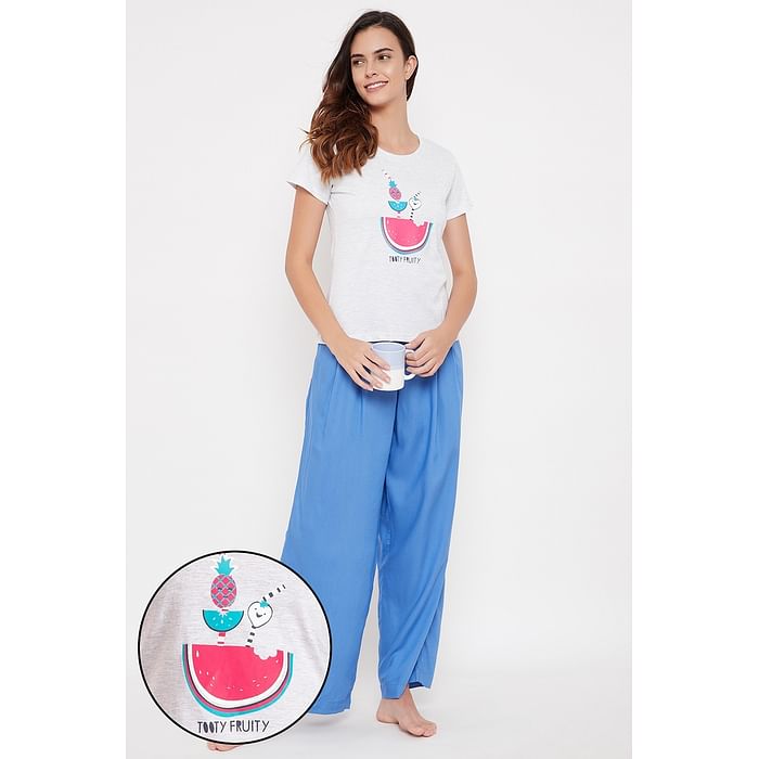 Clovia - Clovia Watermelon Print Top in Grey & Chic Basic Wide Leg Pants in Blue – 100% Cotton  – LSC124O01