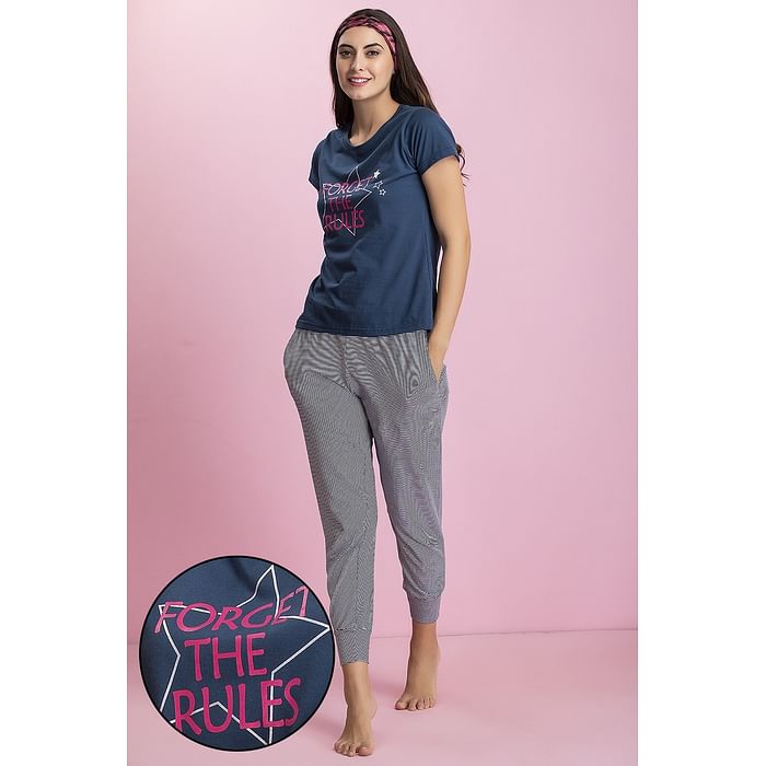 

Clovia Cotton Rich Printed Top & Striped Pyjama Set - LSC124P08, Navy