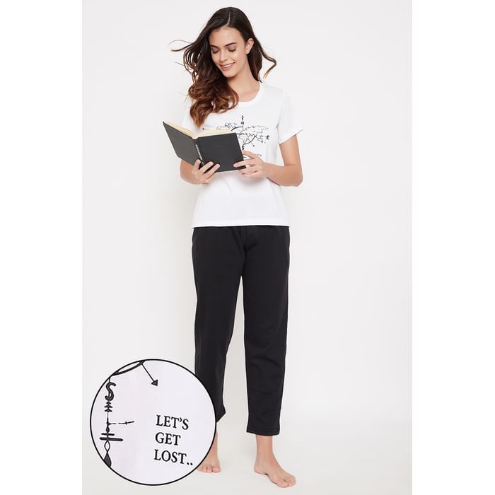 

Clovia Graphics Print Top in White & Chic Basic Pyjama in Black - Cotton Rich - LSC124P18