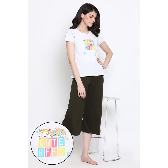 

Clovia Quirky Text Top & Capri Set in Grey & Green - 100% Cotton - LSC124S01, Light grey