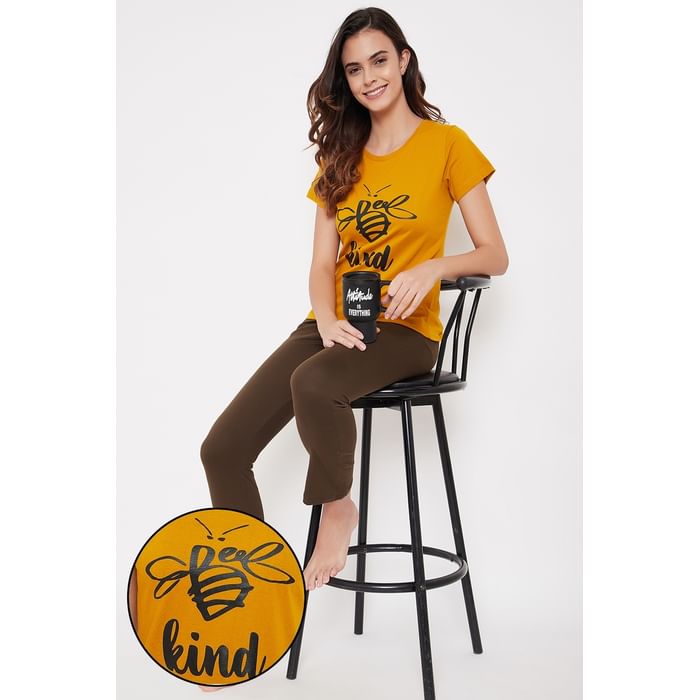 

Clovia Graphic & Text Print Top in Mustard & Chic Basic Pyjama in Dark Brown - Cotton Rich - LSC124U07