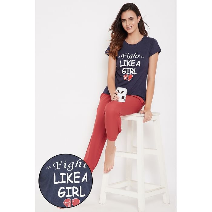 

Clovia Text Print Top in Navy & Chic Basic Pyjama in Rust Orange - Cotton Rich - LSC124U08
