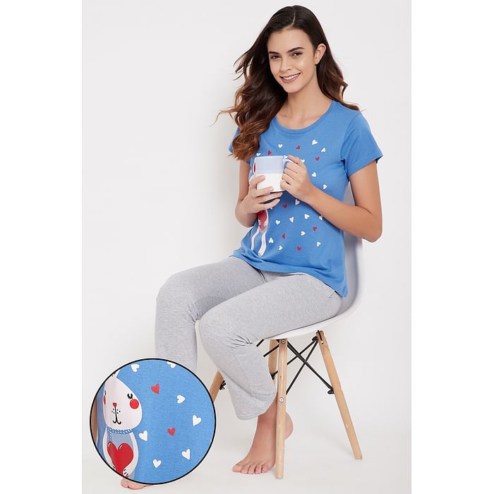 

Clovia Bunny Print Top in Light Blue & Chic Basic Pyjama in Grey Melange - Cotton Rich - LSC124X08, Navy