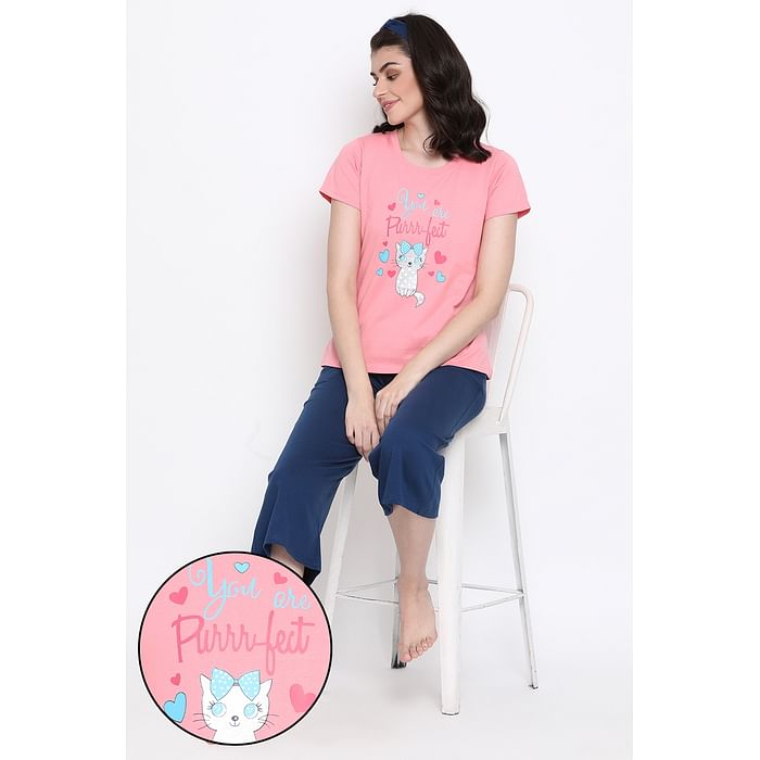 

Clovia Quirky Text Top & Culottes Set in Pink & Navy- 100% Cotton - LSC124X22, Light pink