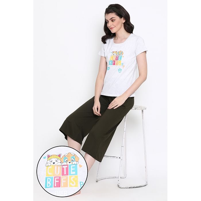 

Clovia Quirky Text Top & Culottes Set in Grey & Olive Green with Knotted Hairband- 100% Cotton - LSC124Z01