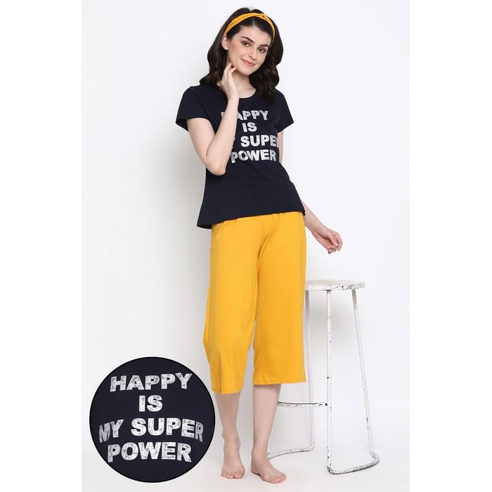 

Clovia Happy Is My Superpower Top & Culottes Set in Navy & Mustard with Knotted Hairband - 100% Cotton - LSC124Z08