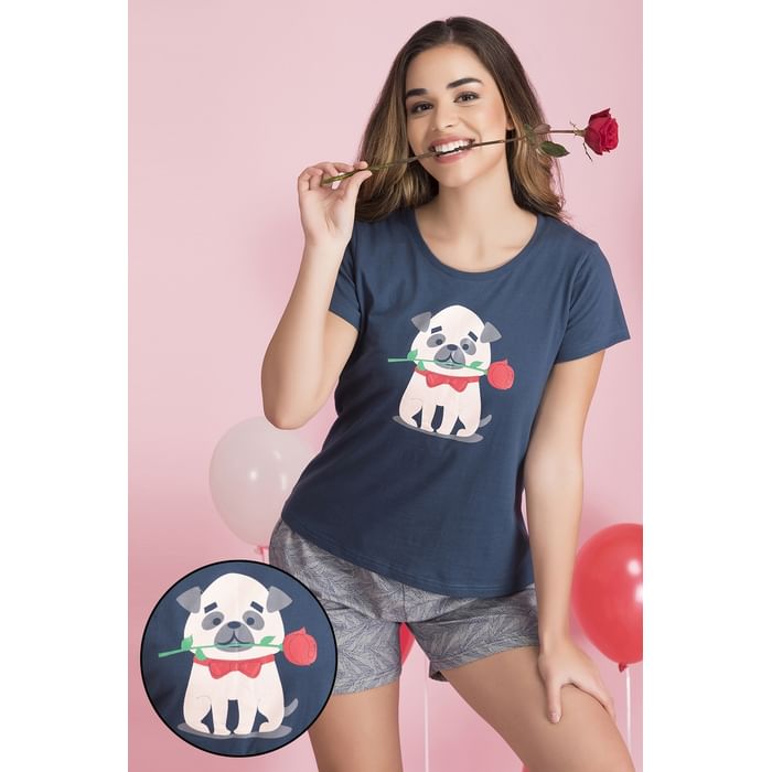 

Clovia Printed Top & Shorts Set in Navy Blue - Cotton - LSC126P08