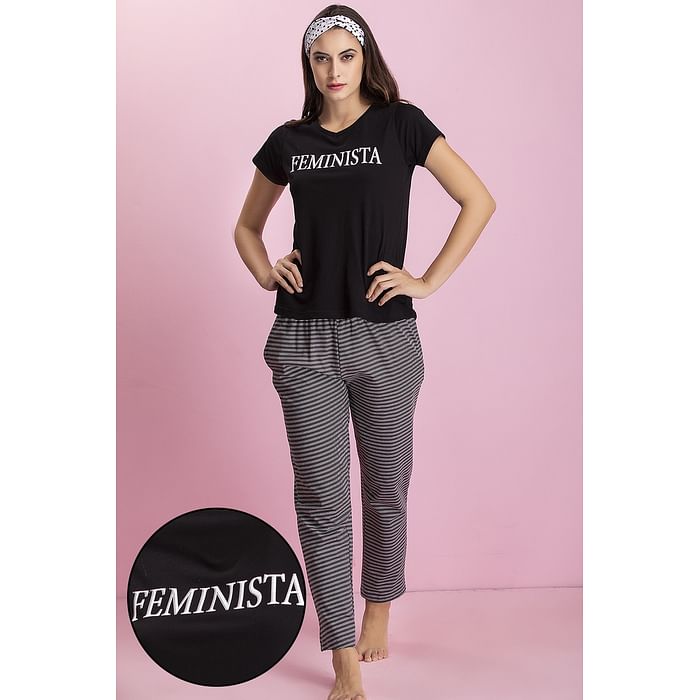 

Clovia Cotton Text Print Top & Striped Pyjama - LSC126P13, Black