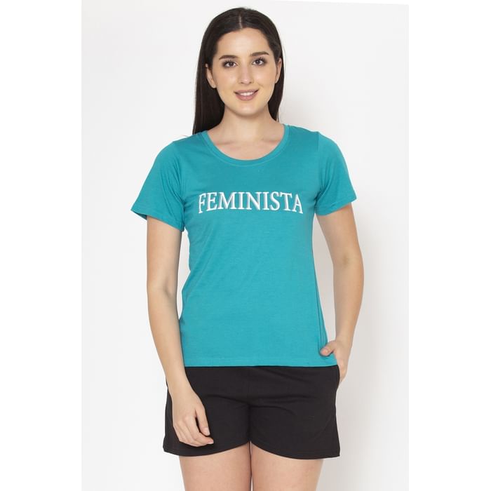 

Clovia Feminista Print Sleep T-shirt in Mint Green & Boxer Shorts in Black - Cotton Rich - LSC126P36, Teal