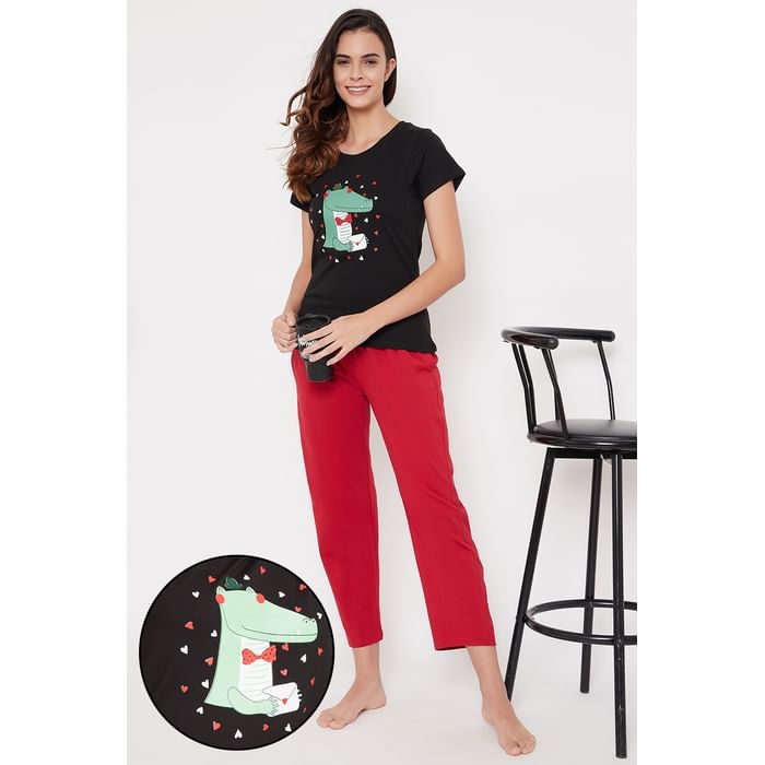 

Clovia Alligator Print Top in Black & Chic Basic Pyjama in Maroon - 100% Cotton - LSC126Q13