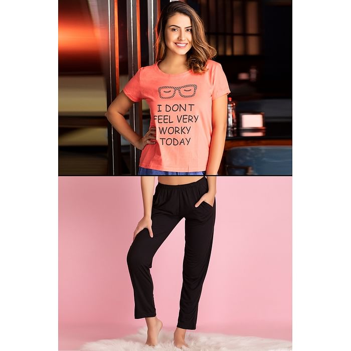 

Clovia Text Print Top in Peach & Chic Basic Pyjama in Black - 100% Cotton - LSC126Q14, Pink