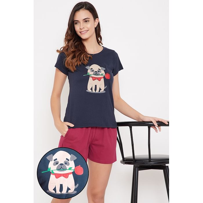 

Clovia Print Me Pretty Top in Navy & Chic Basic Shorts in Maroon - 100% Cotton - LSC126V08
