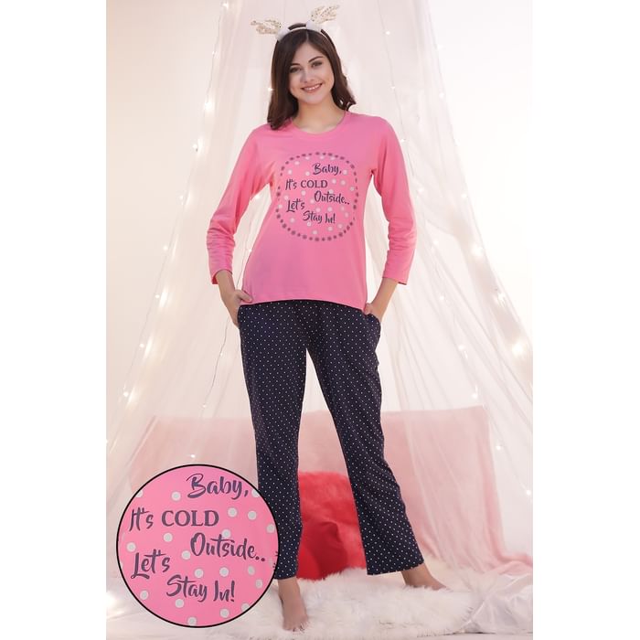 

Clovia Cotton Rich Text Print Top & Polka Print Pyjama - LSC131P22, Light pink