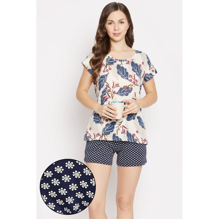 

Clovia Pretty Florals Top in White & Boxer Shorts in Navy - Cotton - LSC132E18