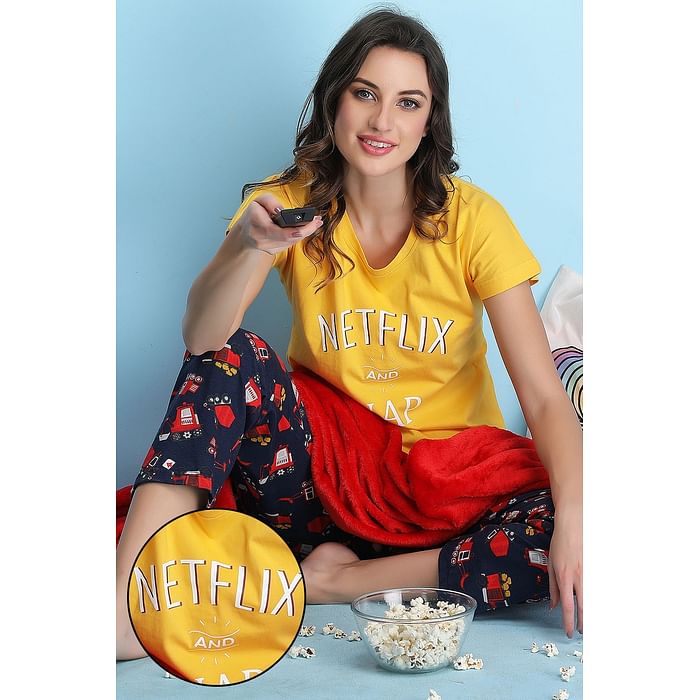 

Clovia Cotton Printed Top & Pyjama - LSC132P07, Mustard