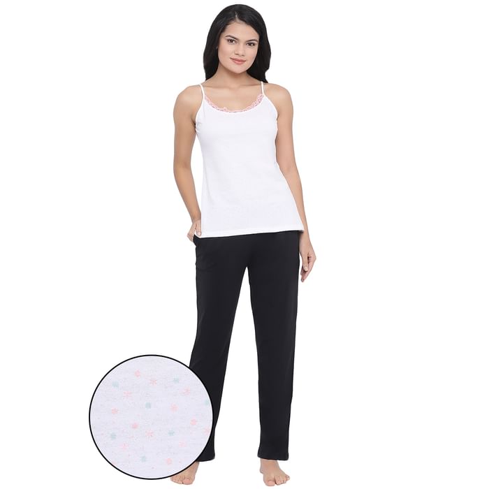 

Clovia Printed Cami Top & Pyjama Set in White - Cotton Rich & Lace - LSC134A18