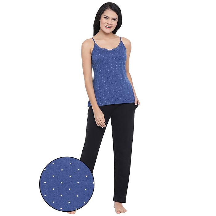 

Clovia Polka Print Cami Top & Pyjama Set in Dark Blue - Cotton Rich & Lace - LSC134P08, Navy