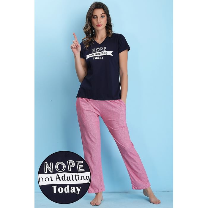 

Clovia Cotton Printed Top & Pyjama - LSC135A08, Navy
